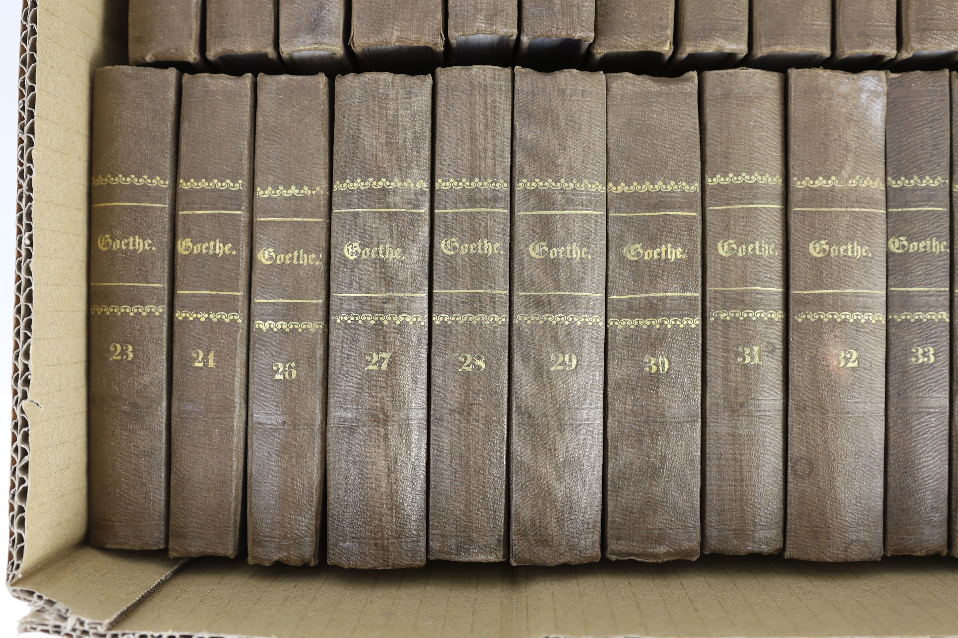 Goethe, Johanna Wolfgang - The Works in German, 35 vols (of 40), 12mo, half cloth, gilt embossed spines, Cotta’scher Verlag, Stuttgart and Augsburg, 1855